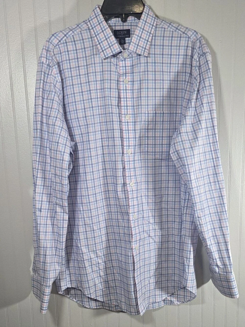 Large J. Crew Men's Light Blue and Pink Windowpane Dress Shirt
